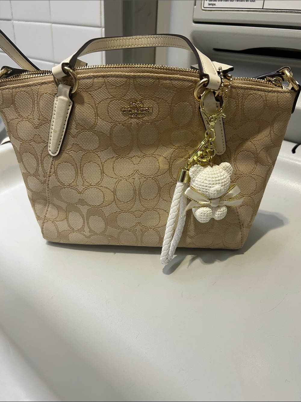 Coach Signature Canvas Crossbody Satchel in Beige and White